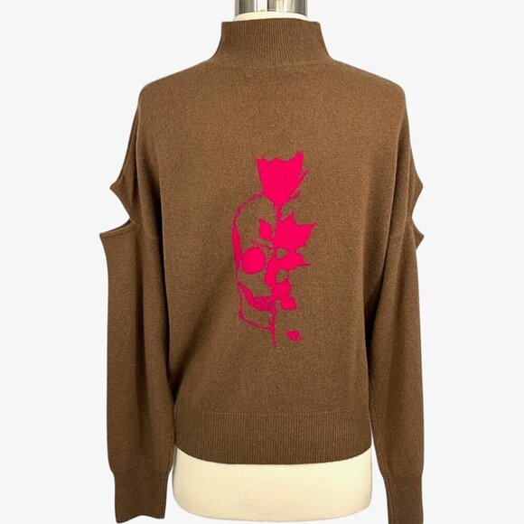 360 Cashmere Size S Florrie Skull Sweater Turtleneck Brown Rose Open Sleeve - Picture 1 of 10